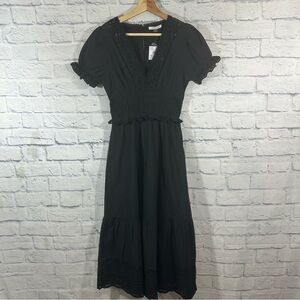 NWT American Eagle Black Puff Sleeve Smock Waist Eyelet Detail Midi Dress Sz XS